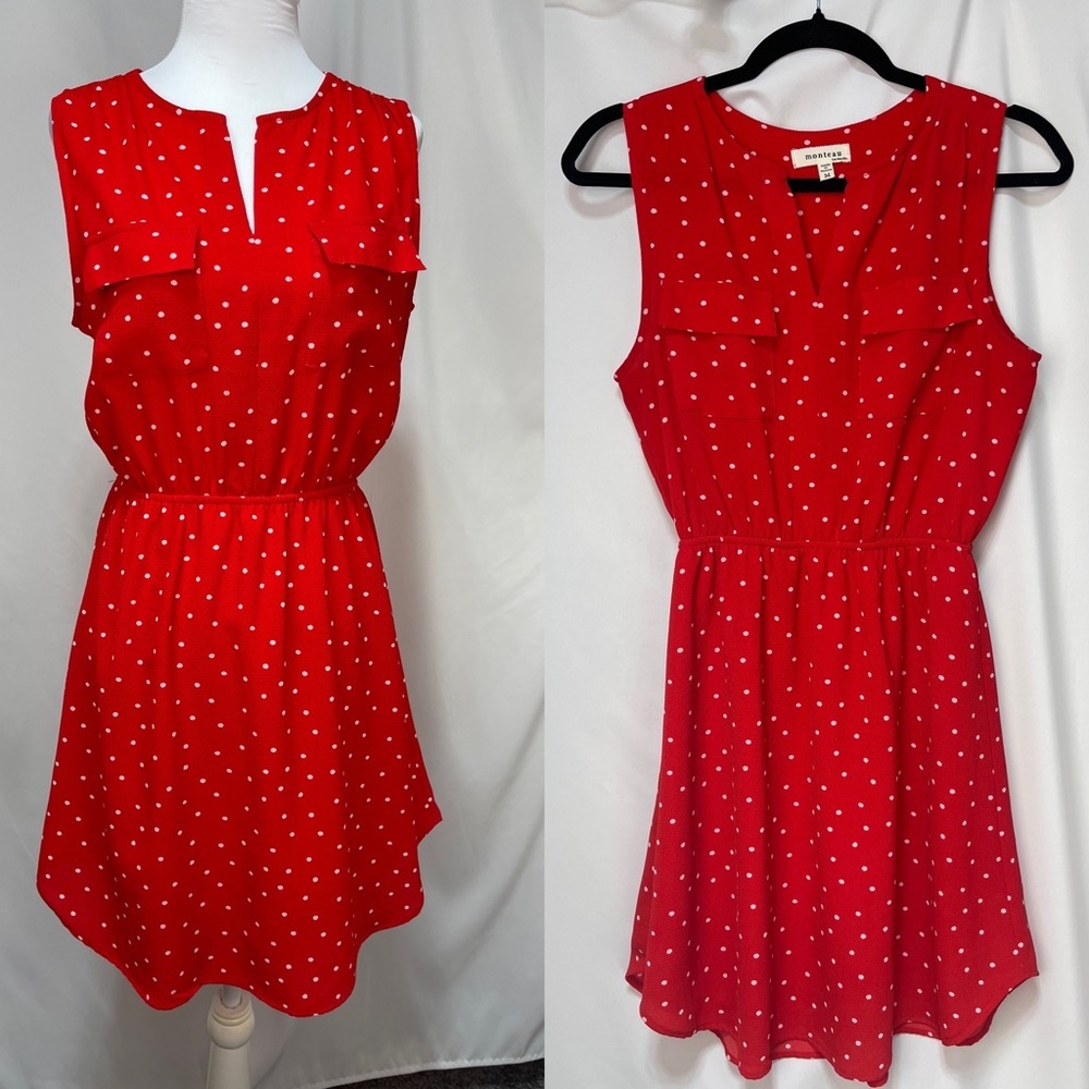 Monteau Los Angeles red polka dot sleeveless V-neck mini dress size M